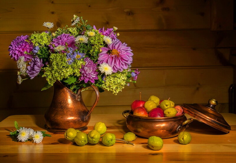 Flowers and Fruit on Table — Brown, Dramatic