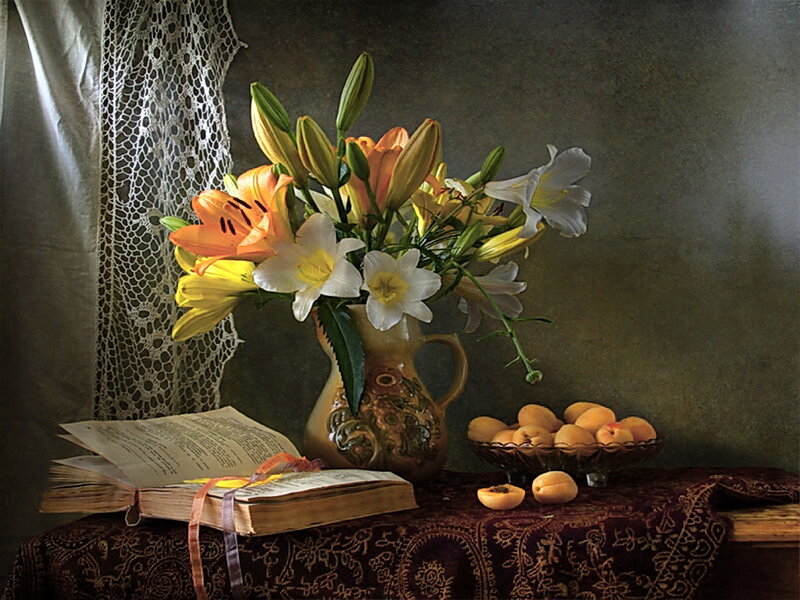 Flowers and Fruit on Table — Brown
