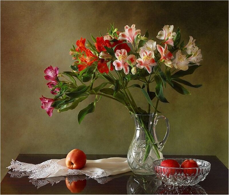 Flowers and Fruit on Table — Green, Calm