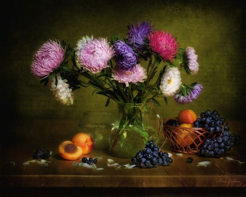 Flowers and Fruit on Table — Green, Dramatic