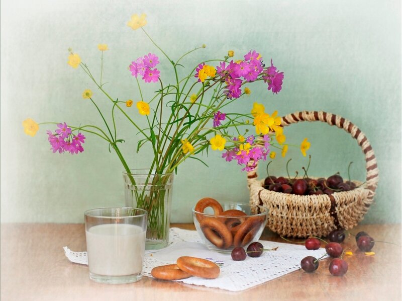 Flowers and Fruit on Table — Green, Serene, Morning