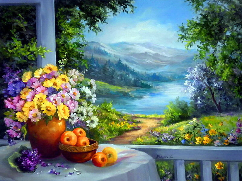 Flowers and Fruit on Table — Green, Serene