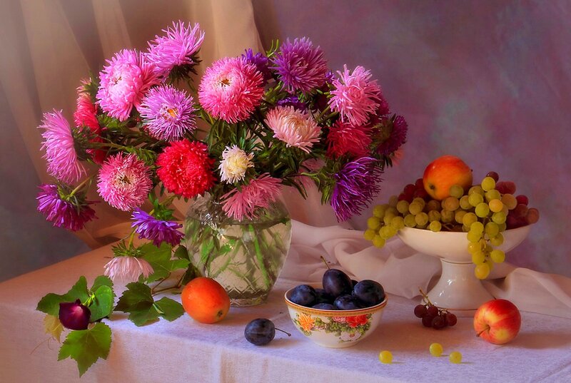 Flowers and Fruit on Table — Pink, Serene