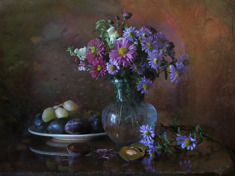 Flowers and Fruit on Table — Purple, Dramatic, Painting