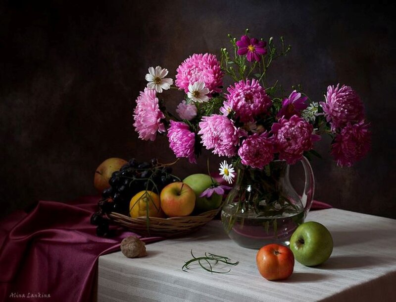 Flowers and Fruit on Table — Purple, Dramatic