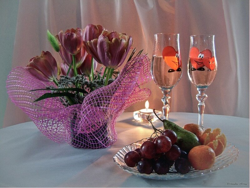 Flowers and Fruit on Table — Purple, Romantic