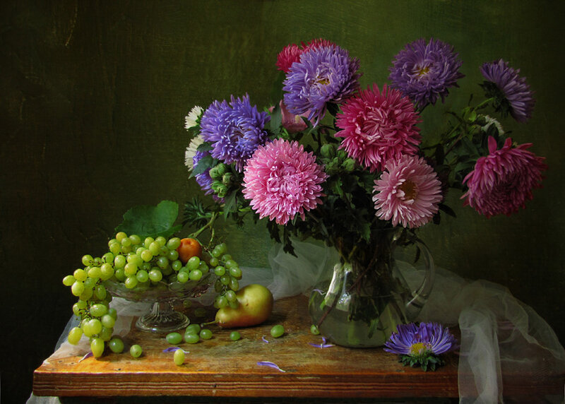 Flowers and Fruit on Table — Purple