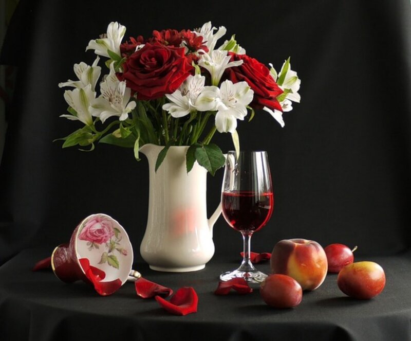 Flowers and Fruit on Table