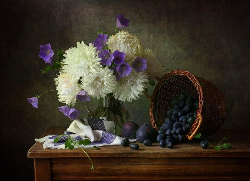 Flowers and Fruit on Table — White, Still Life
