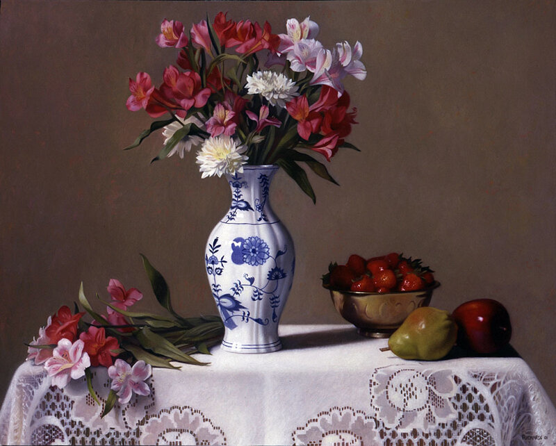 Flowers and Fruit on Table — White
