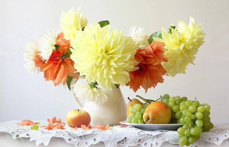 Flowers and Fruit on Table — Yellow, Serene