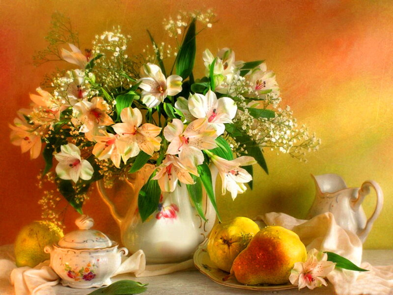 Flowers and Fruit on Table — Yellow