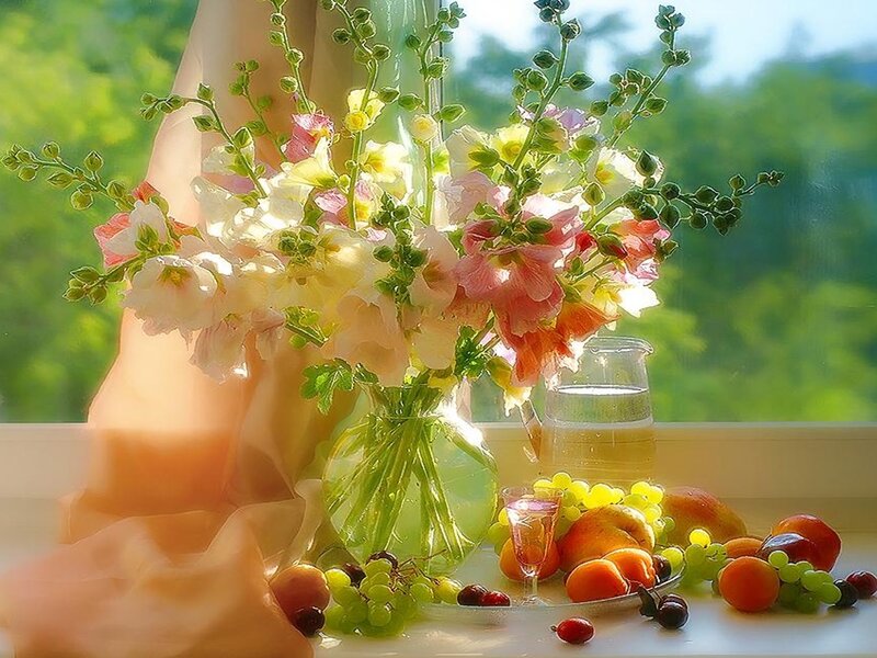 Flowers and Fruit on Windowsill