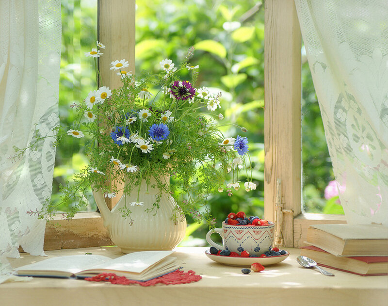 Flowers and Fruit on Windowsill — White