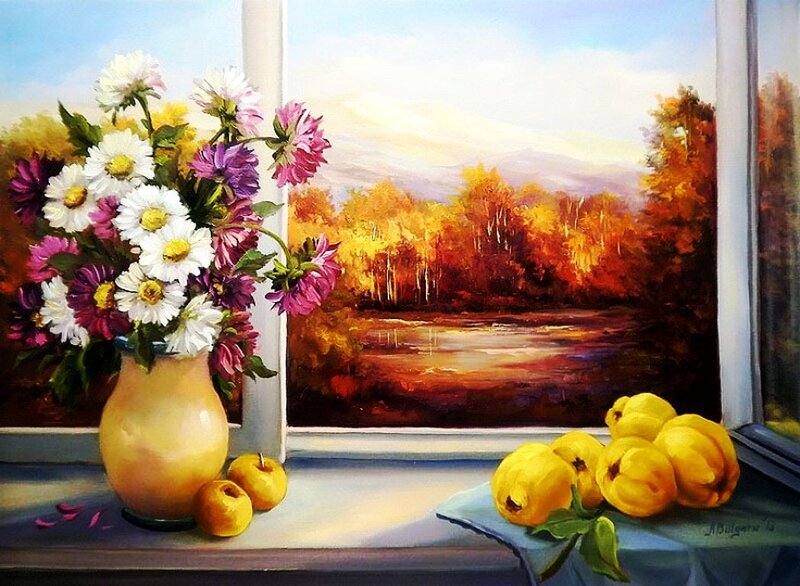 Flowers and Fruit on Windowsill — Yellow