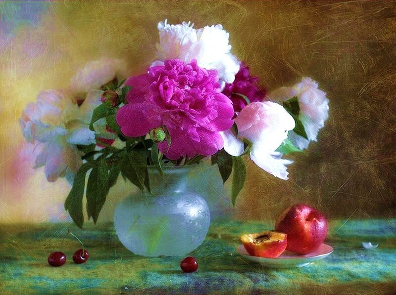 Flowers and fruit still life