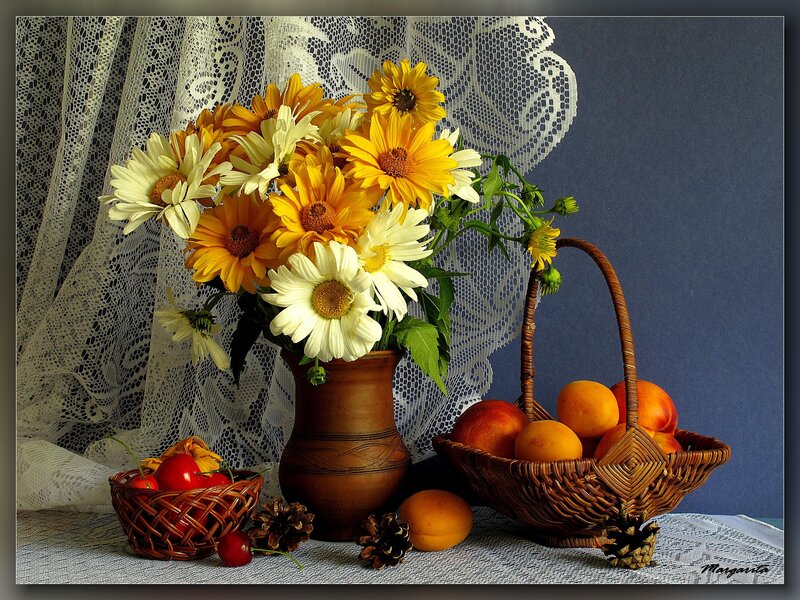 Flowers and fruit still life