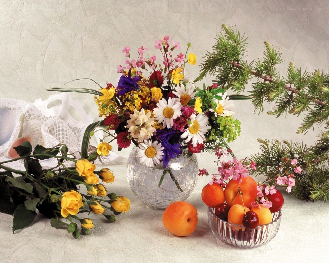 Flowers and fruit still life