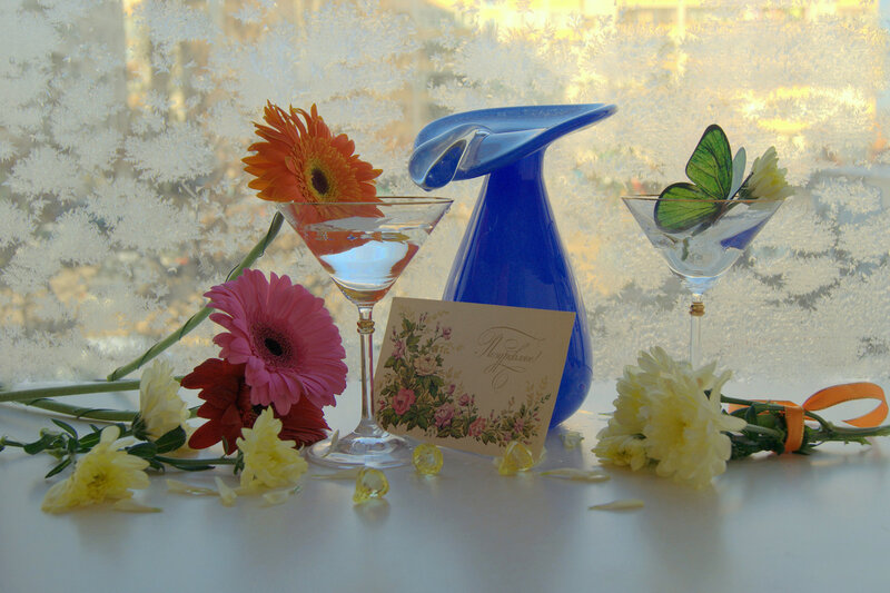 Flowers and Glasses on Table
