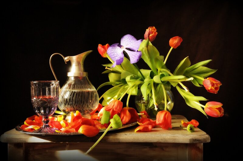 Flowers and Glassware — Purple, Dramatic