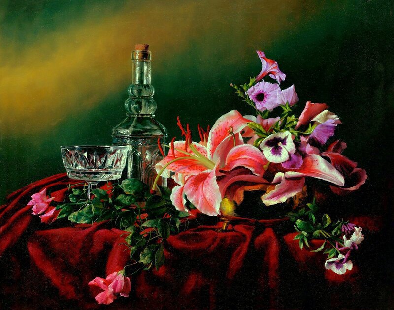 Flowers and Glassware — Red