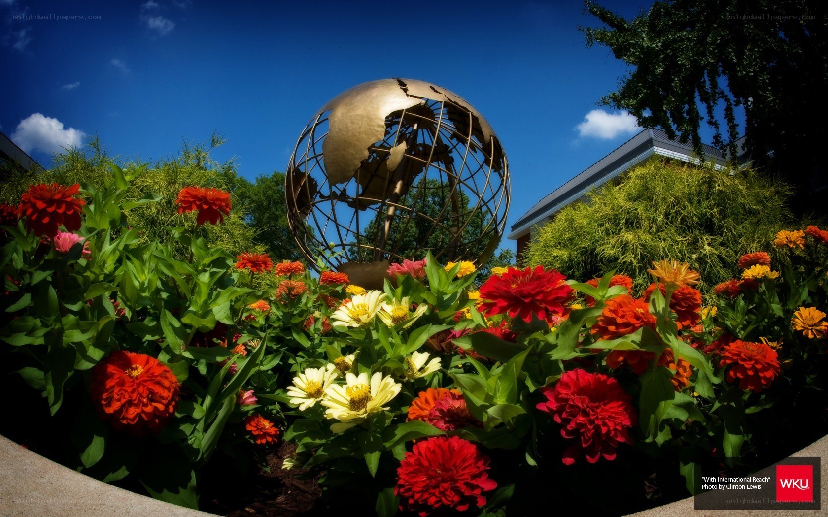 Flowers and globe sculpture