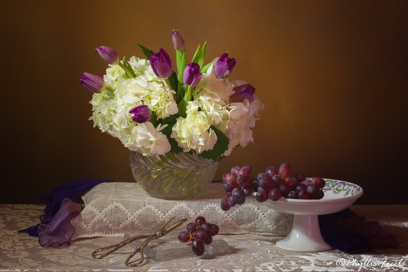 Flowers and Grapes on Table — Brown