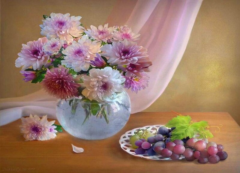 Flowers and Grapes on Table — Pink, Serene, Painting