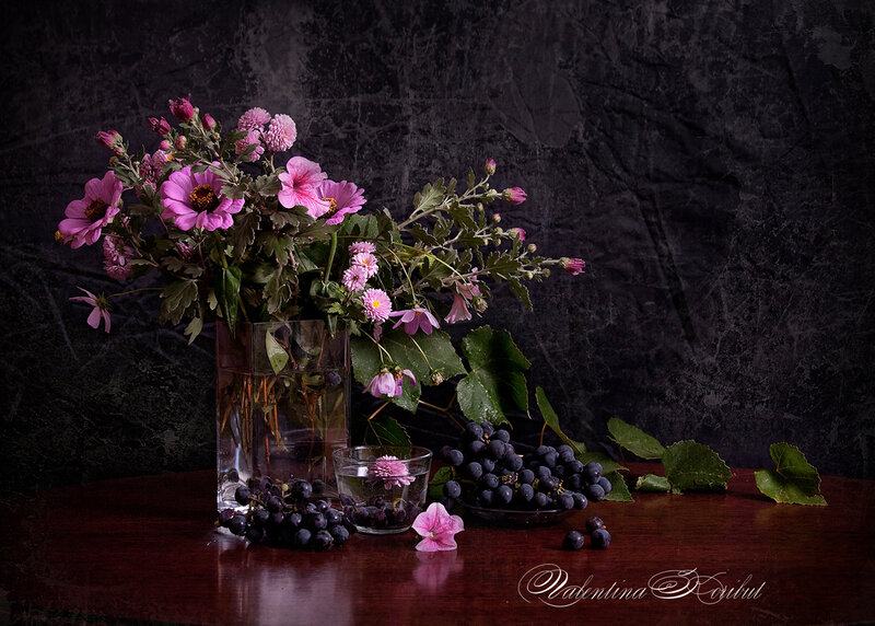 Flowers and Grapes on Table