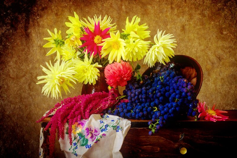 Flowers and Grapes on Table — Yellow