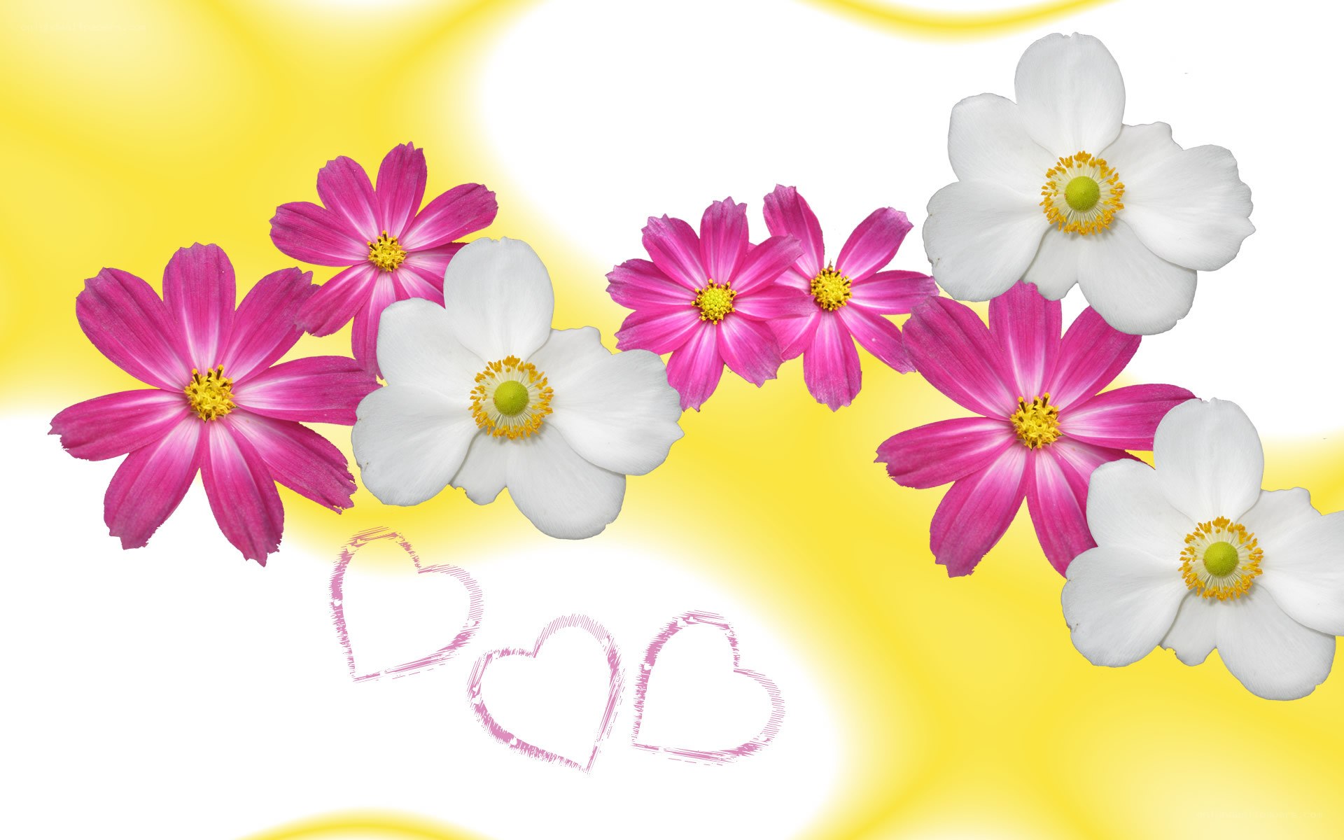 Flowers and hearts on yellow