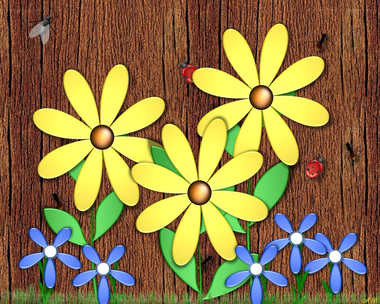 Flowers and insects on wood