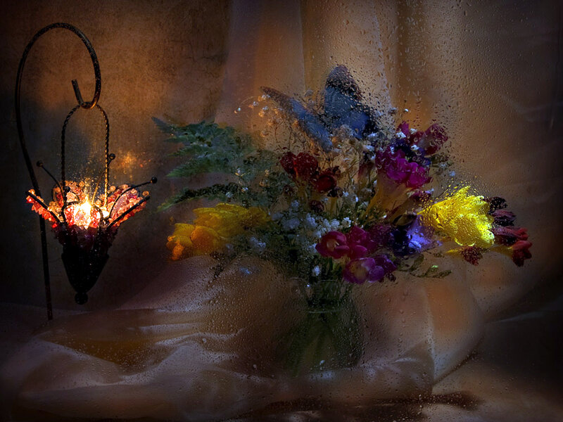 Flowers and Lamp Behind Glass