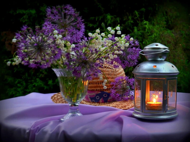 Flowers and Lantern on Table
