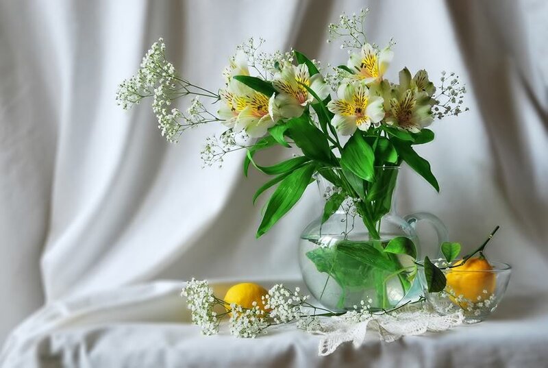 Flowers and lemons in a vase
