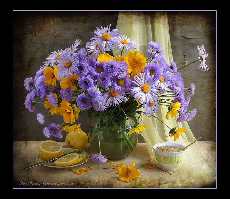 Flowers and lemons still life