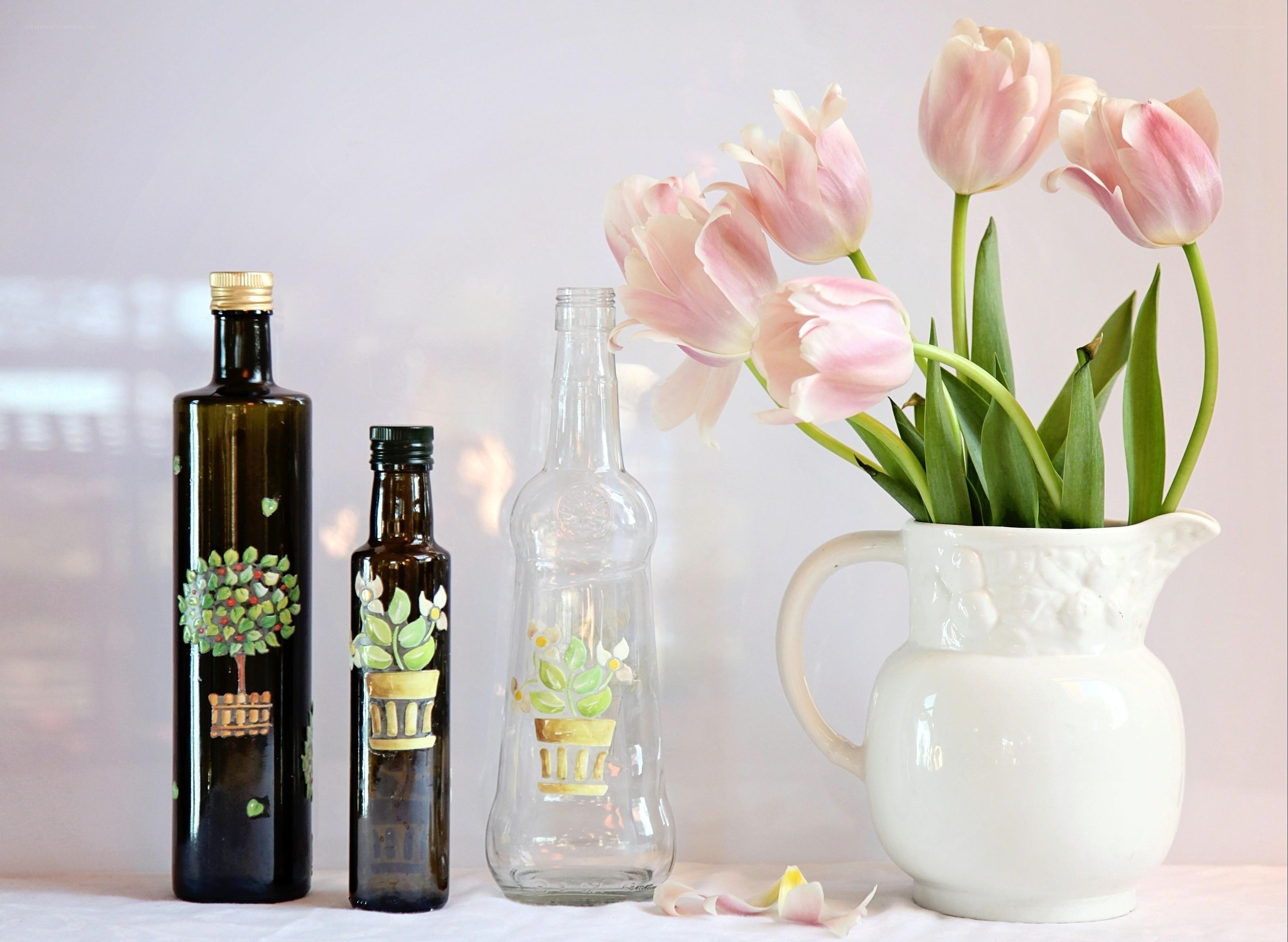 Flowers and painted bottles