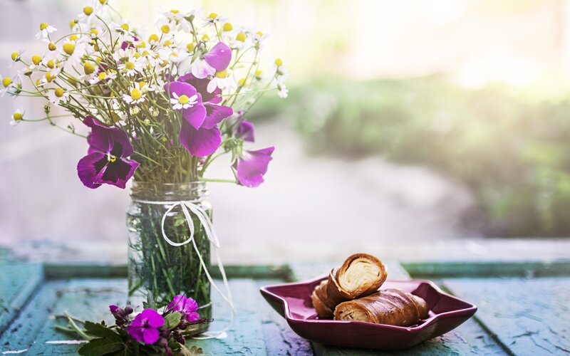 Flowers and Pastries on Table — Purple