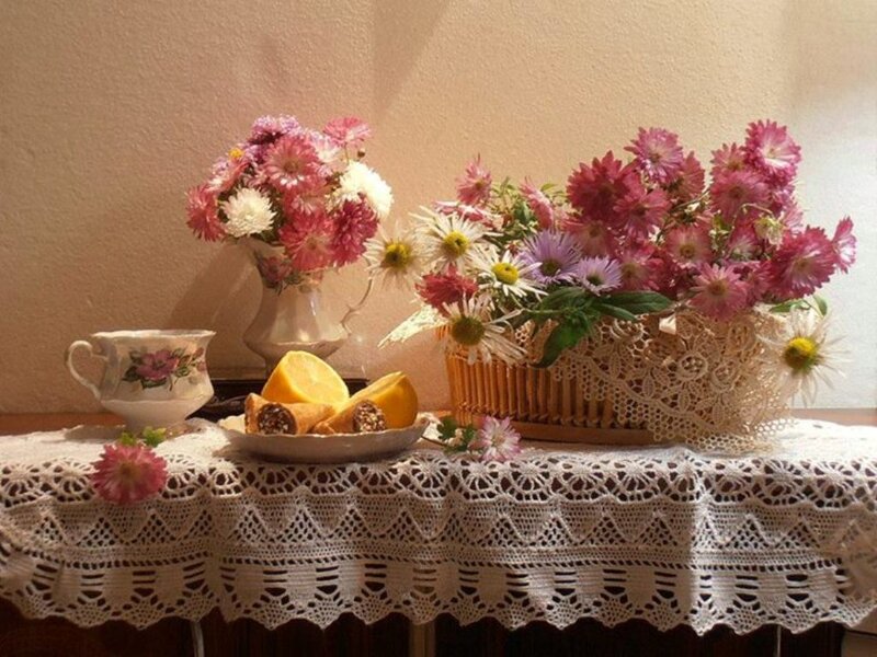 Flowers and Pastries on Table