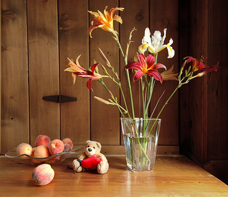 Flowers and Peaches on Table