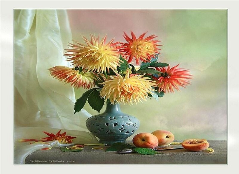 Flowers and peaches still life