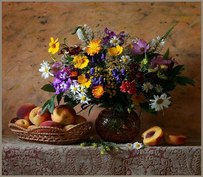 Flowers and peaches still life