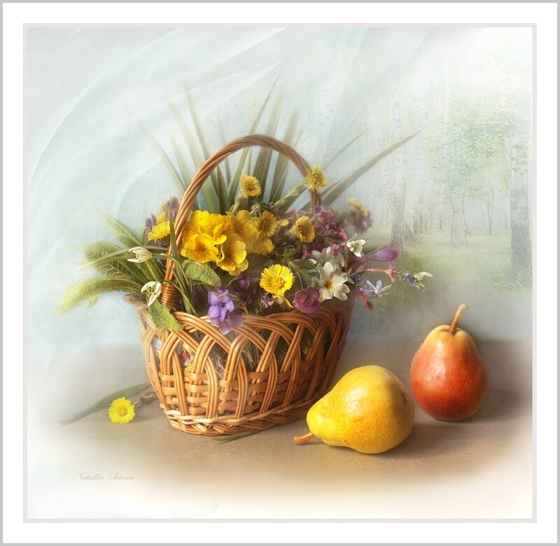 Flowers and pears in a basket