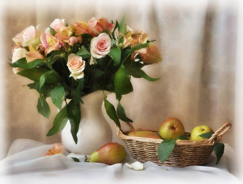 Flowers and Pears in Basket