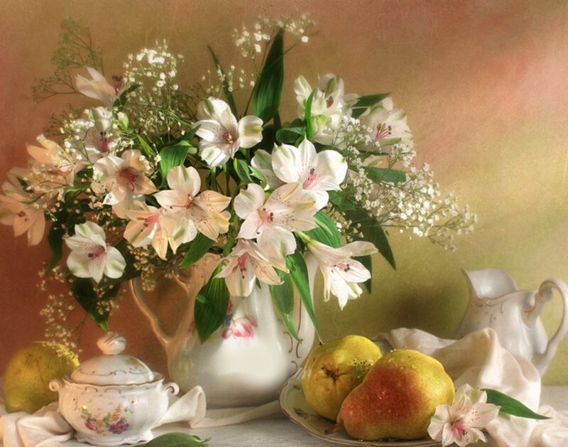 Flowers and Pears in Vase