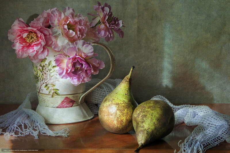 Flowers and pears on a table
