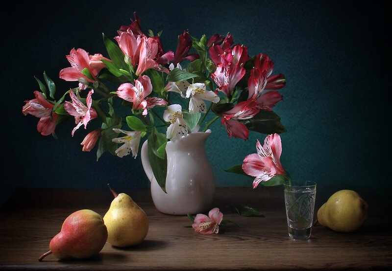 Flowers and Pears on Table