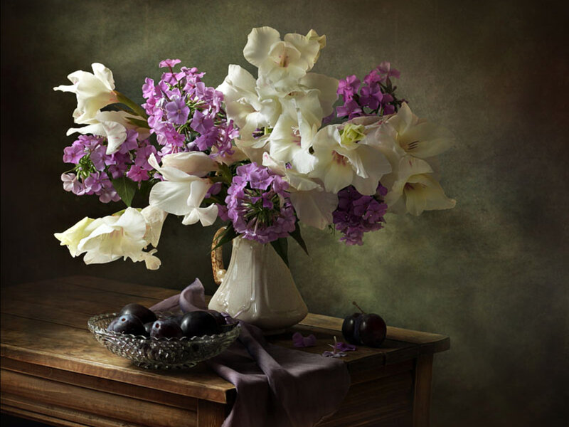 Flowers and Plums on Table
