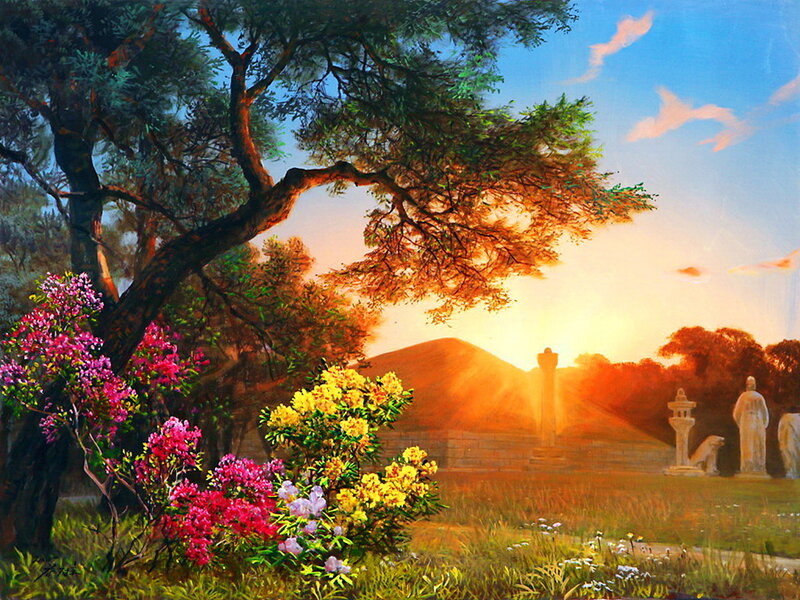 Flowers and Statues at Sunset
