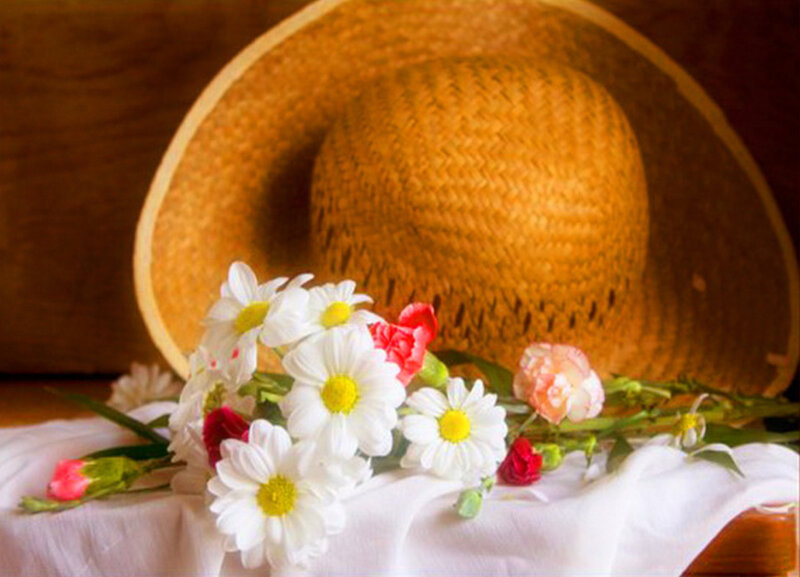 Flowers and Straw Hat — White